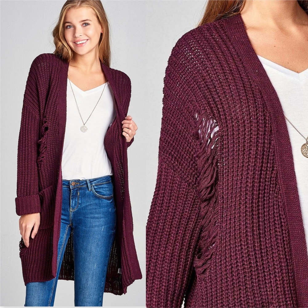 Cardigan Distressed Burgundy Knit - Picture 2 of 5